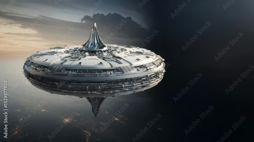 Aufkleber An alien space station hovering in the sky above the planet, round and smooth, with sharp edges.