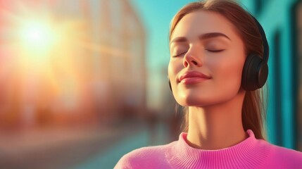 Woman enjoying music with headphones while sun sets on city street in pastel colors
