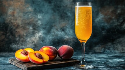 Fresh peaches and sparkling drink on wooden board with blurred dark background showcasing summer refreshment in a stylish glass