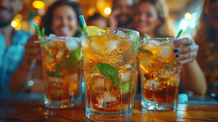 A vibrant image of refreshing iced drinks with mint and citrus, served at a lively gathering, encapsulating the essence of fun, togetherness, and summer celebrations.