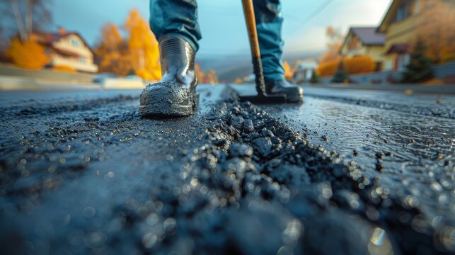 A close-up image of a footwear adorned by asphalt, illustrating the hard work and dedication involved in construction, blending urban life and industriousness seamlessly.