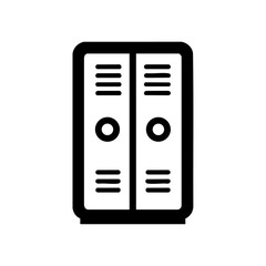Obraz premium Minimalist locker icon with ventilation slits and gym towel. Clean black icon representing personal locker space and hygiene.