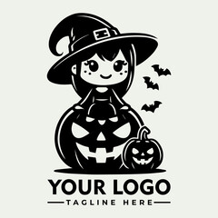 Cartoon little witch in large hat standing beside carved Halloween pumpkin with smiling face in monochrome style. Holiday concept
