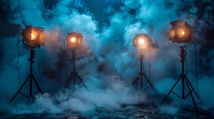 Obraz premium This image showcases powerful studio lights cutting through dense fog, creating an ethereal and dramatic atmosphere perfect for artistic or atmospheric projects.