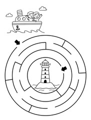 Maze activity sheet for children. Cute maze for kids. Kids labyrinth puzzle. Maze puzzle game for children with cute boat illustration.	