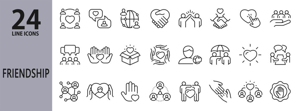 Friendship line icons set with Friends, Love, Relationship, Care, People, Community and more. Editable Stroke