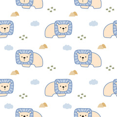 Lion light blue cartoon so cute. On grass mountain cloud white background. Pattern seamless vector illustration. 