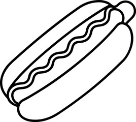 A simple outline illustration of a classic hot dog with a wavy sausage and a soft bun depicting american fast food