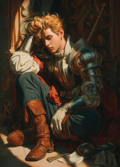 Young knight rests with closed eyes in soft sunlight. His armor and sword lie beside him on the floor.