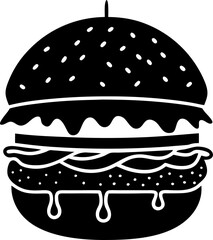 Classic black and white hamburger illustration with seeded bun and gourmet ingredients perfect for menus fast food restaurants and food related designs.