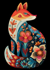 Colorful fox is filled with floral patterns. Its body is decorated with bright embroidered flowers.