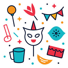 festival set of vector doodle icon on transparent background