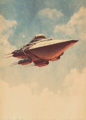 Red and white rocket flies into the blue sky. The style looks like a vintage space poster.