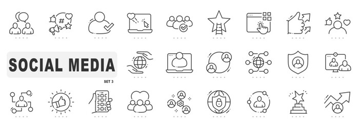 Set of social media related line icons. Like, post, chat etc. Editable stroke. Set 3