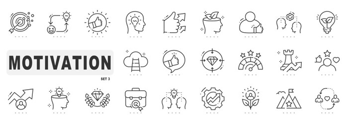 Set of motivation related line icons. Career, inspiration, success etc. Editable stroke. Set 3