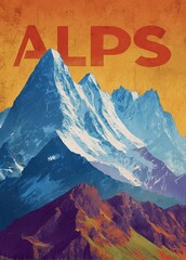Snowy mountain peaks rise against a warm orange sky. The word "ALPS" is written in bold letters above.