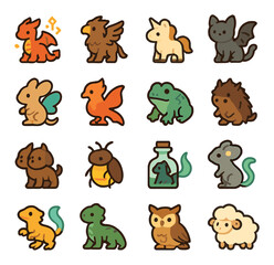 Miniature magical beasts isometric set. tiny dragon with runes, pocket-sized griffin, mini unicorn, bat-winged kitten, fae mouse, shrunken phoenix.