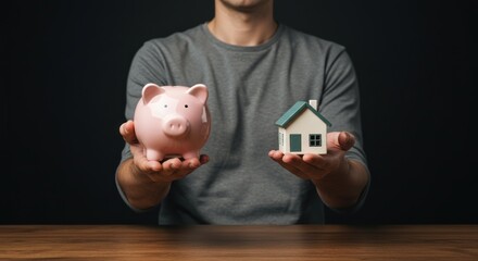 Man Saving for a House Piggy Bank and Home Model