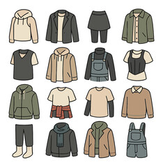 Layered look styling isometric set. tank under hoodie, tee under blazer, skirt over leggings, long shirt under jacket, vest over tee, hoodie under trench.