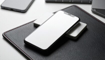 Blank Smartphone Screen on Black Leather Desk Mat