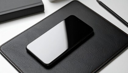 Black Smartphone on a Black Leather Desk Pad