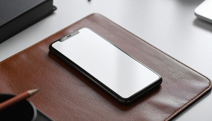 Black Smartphone on Brown Leather Desk Mat