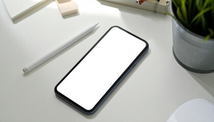White Smartphone Mockup on Desk with Plant