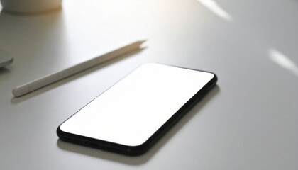 Blank Smartphone Screen on White Desk with Stylus