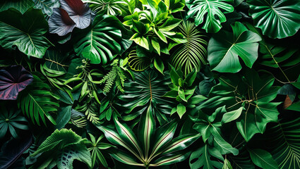 A dense collection of various green leaves with different shapes and textures filling the entire frame