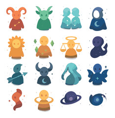 Zodiac characters as celestial spirits isometric set. Aries red starlight, Taurus glowing green aura, Gemini mirrored constellation, Cancer moonbeam cloak.