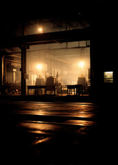 Empty factory is lit by warm lights. Machines and tables are standing in the shadows.