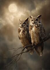 Two owls sit close together on a tree branch. A full moon shines behind them in the cloudy night sky.