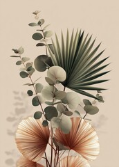 Dried palm leaves and eucalyptus branches are arranged on beige paper. Soft shadows fall across the scene.