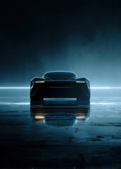 Futuristic car is parked in the dark. Blue lights reflect on the wet floor.