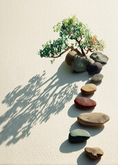 A small tree grows on stones. Shadows stretch across the ground.