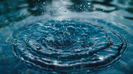 The photo captures shimmering water droplets falling into a calm pool, creating beautiful ripples and patterns that evoke a sense of serenity and natural beauty.