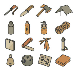 Wilderness survival gear isometric set. fire starter rod, bushcraft knife, hatchet with cover, tarp shelter, steel water bottle, insect repellent spray.