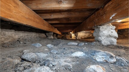 A view of a crawl space beneath a wooden structure showing exposed soil, rocks, and support beams.