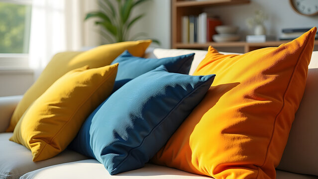 Colorful pillows cozy up living room. Vibrant colored pillows in yellow, blue, and orange create a warm, inviting atmosphere in a stylish living room.