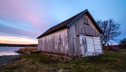 Weathered wooden shack meets twilight shore, bathed in pastel skies