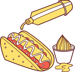 Delicious illustrated hot dog with condiments and sauce sprinkles isolated on a white background in a flat vector design concept