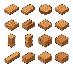 Wood textures and cuts isometric set. smooth grain slice, bark-edged slab, crosscut disc, spiral pattern carving, geometric groove test, deep relief cut.