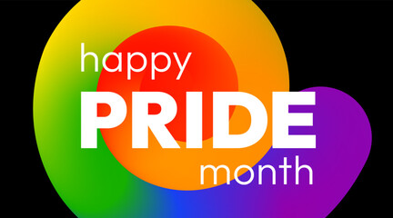 Happy Pride Month. Vibrant abstract banner with smooth 3D ribbon in rainbow colors in the form of spiral and bold text on black background to show support for the LGBTQ+ community during Pride Month.
