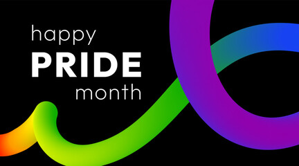 Happy Pride Month. Vibrant abstract banner with smooth 3D ribbon in rainbow colors and bold text on black background to show support for the LGBTQ+ community during Pride Month.