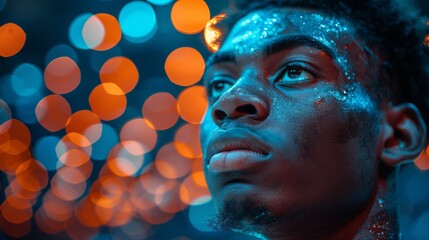 A focused athlete appears deep in concentration with glistening sweat on his face, embodying the dedication and effort put into the world of competitive sports.