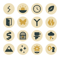 Fortune themes in the ball isometric set. broken path symbol, rising sun glow, clock with no hands, falling leaf, open door image, glowing butterfly, split