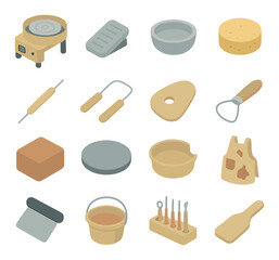 Pottery wheel tools and equipment isometric set. electric pottery wheel, foot pedal control, water bowl, sponge for smoothing, needle tool, wire clay