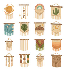 Themed macramé decor isometric set. boho sunburst panel, lunar phase curtain, rainbow pastel wall piece, desert cactus design, ocean wave knots, forest