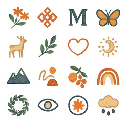 Embroidery design motifs isometric set. floral bouquet, geometric pattern, monogram letter, butterfly shape, animal silhouette, botanical branch, heart