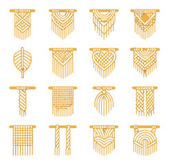 Macramé wall art patterns isometric set. diamond knot layout, chevron fringe pattern, cascading loops design, triangle focal weave, leaf knot motif, boho